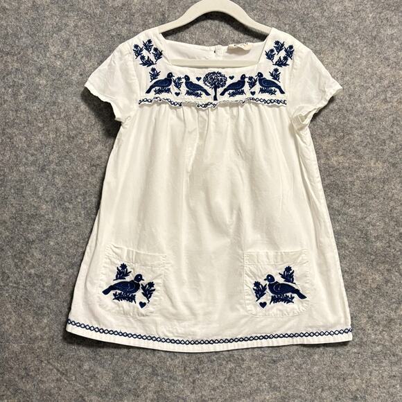 Mini Boden Dress Girl Size 5 6 White Embroidered Birds Pockets Folk Boho Cotton - Picture 1 of 9